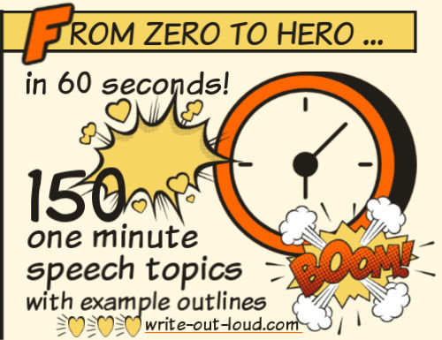 Image: stylized clock. Text: From zero to hero in 60 seconds. 150 one minute speech topics with example outlines.
