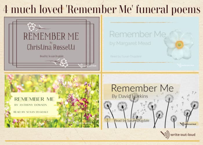 Image: collage of 4 title labels for funeral poems called: Remember Me.