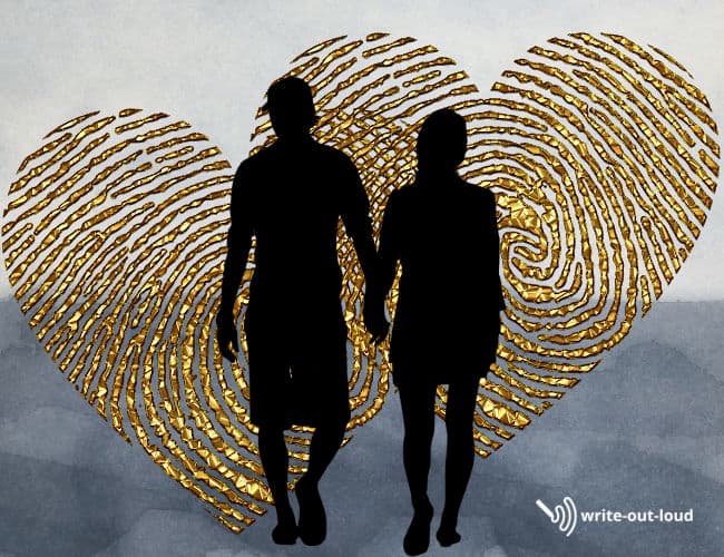 Image: silhouette of couple holding hands superimposed over a pair of interlocking golden hearts.