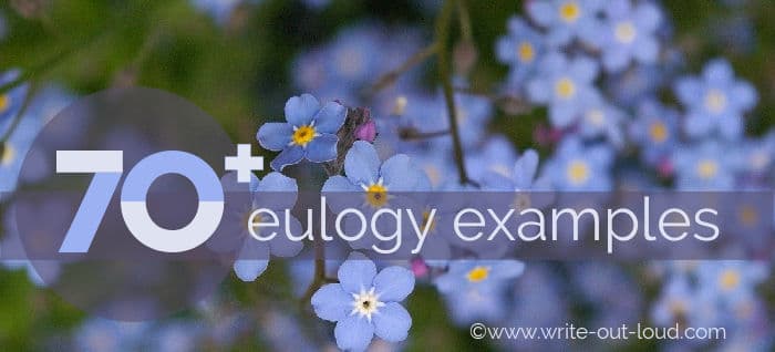Image: a spray of blue/violet forget-me-nots. Text: 70 + eulogy examples