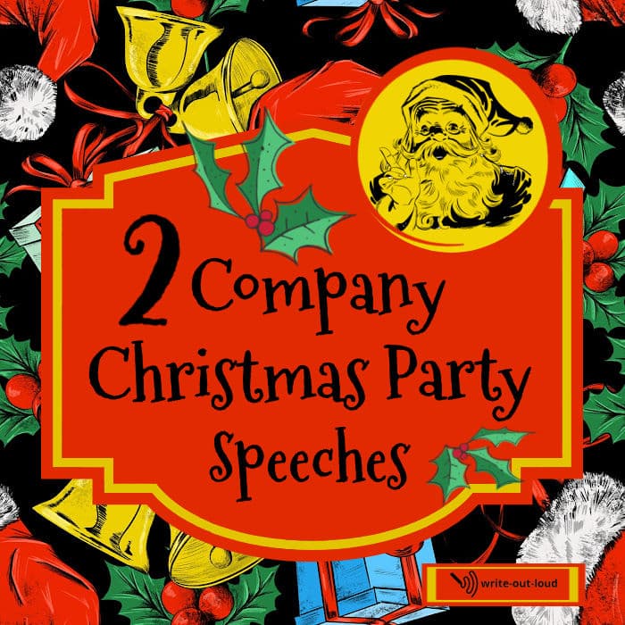 Image: Colorful Christmas background of bells, holly, presents and Santa hats with label. Text: 2 company Christmas party speeches