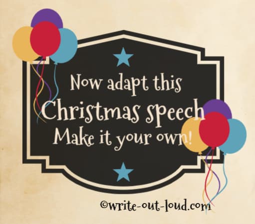 Image: Christmas label decorated with balloons. Text: Now adapt this Christmas speech. Make it your own.