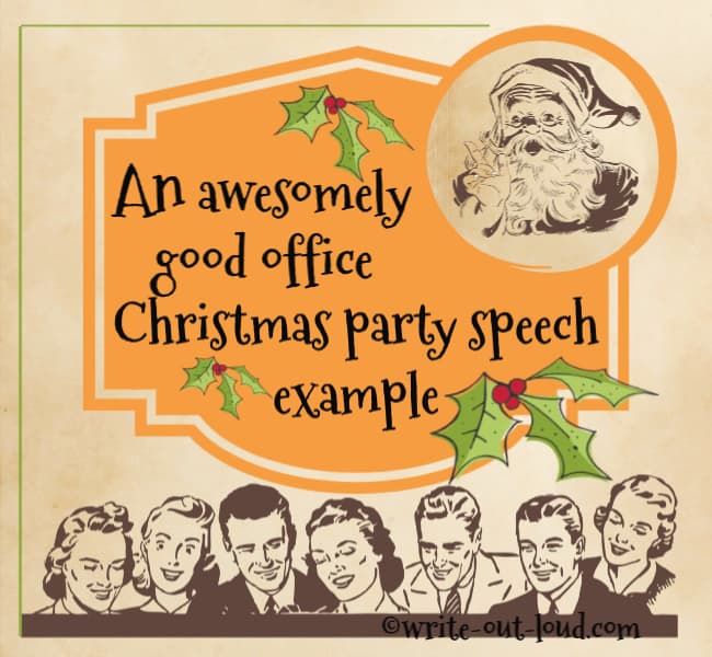 Image: Retro Santa Claus announcing 'an awesomely good office Christmas speech example' to a row of happy smiling office workers.