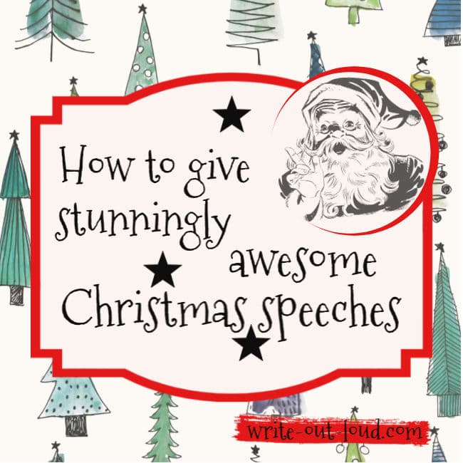 Image - background of stylized Christmas trees, retro Santa Claus and label. Text: How to give stunningly awesome Christmas speeches.