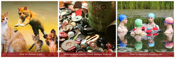 Images x 3: cats, antique buttons, mannequins in a pond. Text: How to choose a pet, How to make jewelry from antique buttons, How to interpret modern art.