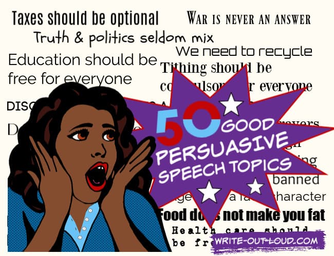 Image: retro cartoon of girl exclaiming with delighted surprise: 50 good persuasive speech topics