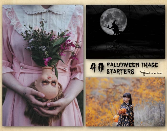 Collage of 3 Halloween images: girl holding a carved pumpkin, a witch flying on a broomstick, a girl holding the head of a doll upside down.