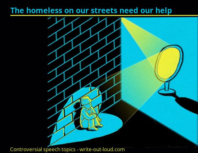 Image: cartoon of man sitting on street in a heart shaped beam of yellow light. Text: The homeless on our streets need our help.