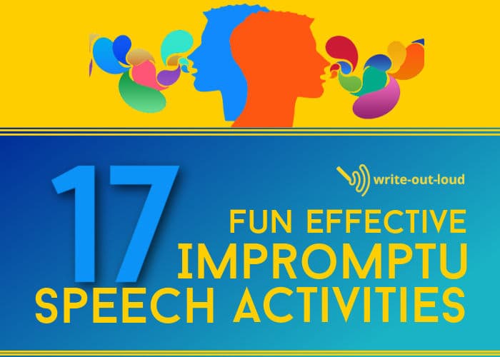 Image: colorful label for ebook  Text: 17 fun effective impromptu speech activities