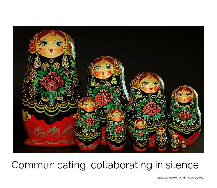 A line of Russian dolls with text: communicating and collaborating in silence.