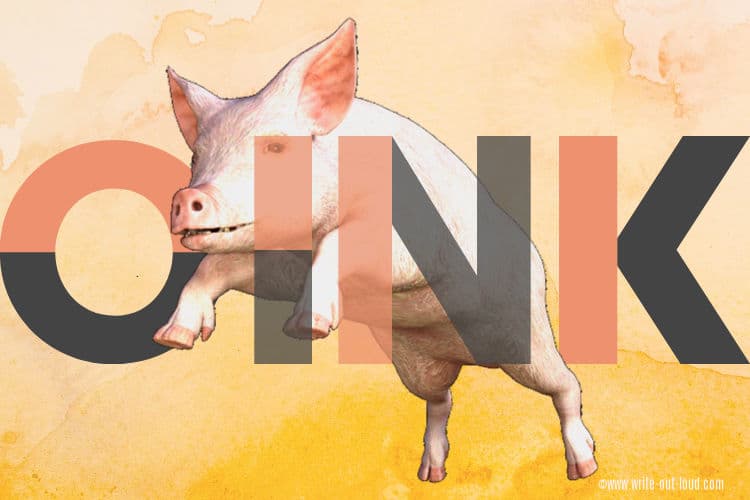 A large pink pig jumping with the word OINK superimposed over its body.