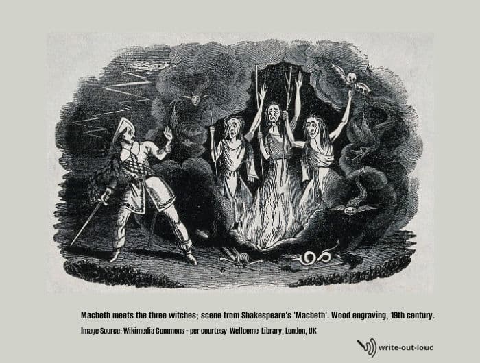 Macbeth meets the 3 witches wood engraving 19th-century