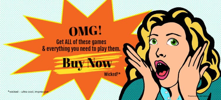 Retro cartoon of an excited young woman. Text: OMG - get all these games and everything needed to play them - BUY NOW.