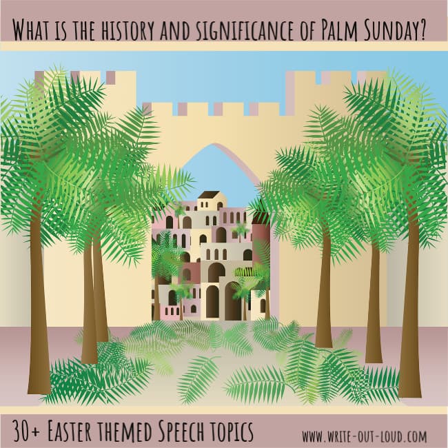 Graphic : drawing of palm tree lined street leading to old buildings. Text: What is the history of Palm Sunday? 30+ Easter themed speech topics.