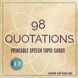 Image: label with parchment paper background. Text: 98 Quotations Printable Speech Topic Cards.