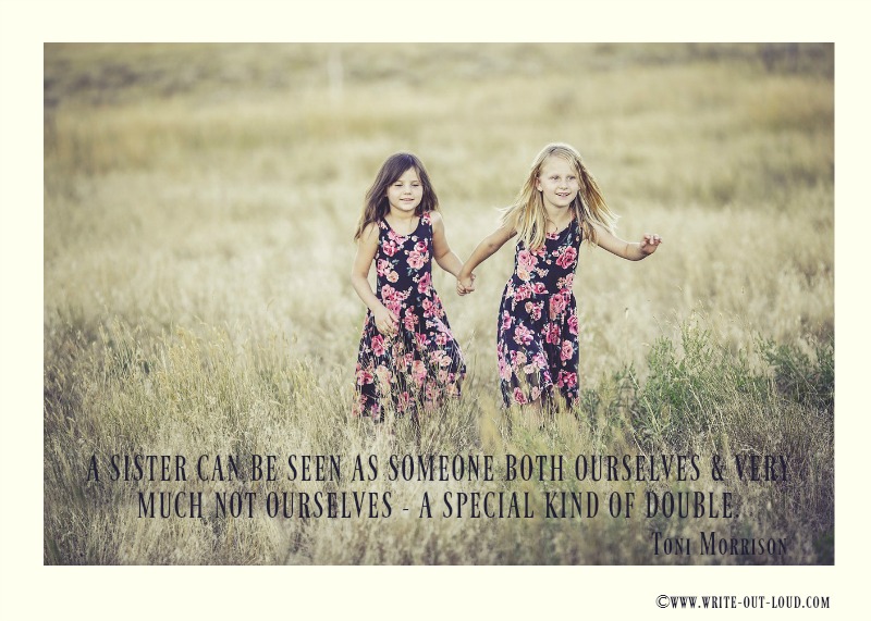 Image: two little girls in matching dresses running through long grass. Text: A sister can be seen as someone both ourselves and very much not ourselves. A special kind of double!