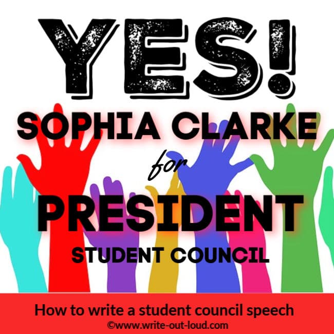 Image: multi-colored hands waving. Text: YES! Sophia Clarke for President Student Council.