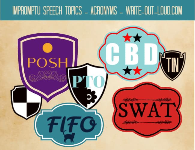 Image: a collection of acronyms. Text: Impromptu speech topics - acronyms