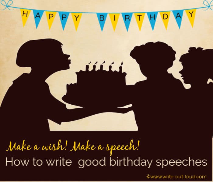 Image: silhouette of woman presenting a  birthday cake with lit candles to 2 children. Text: How write a good birthday speech