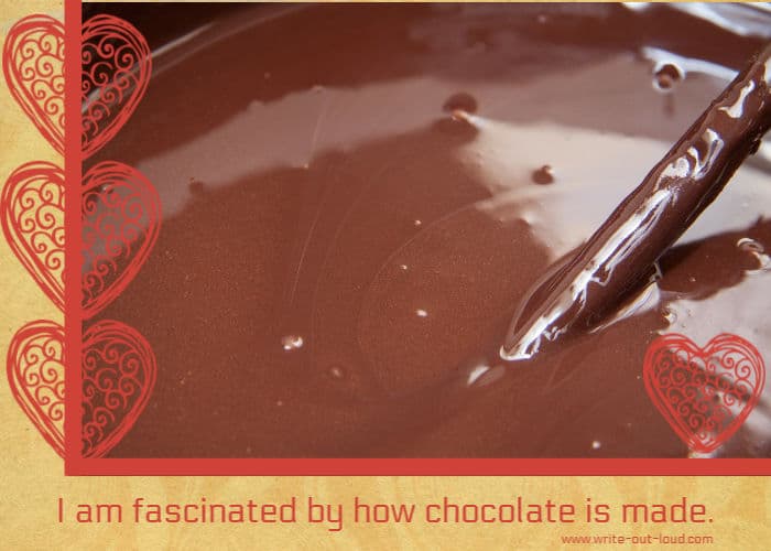Image: a bowl of molten chocolate and stirrer.Text: I am fascinated by how chocolate is made.