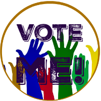 Round button - multi-colored hands waving in affirmation - Text: Vote for me!