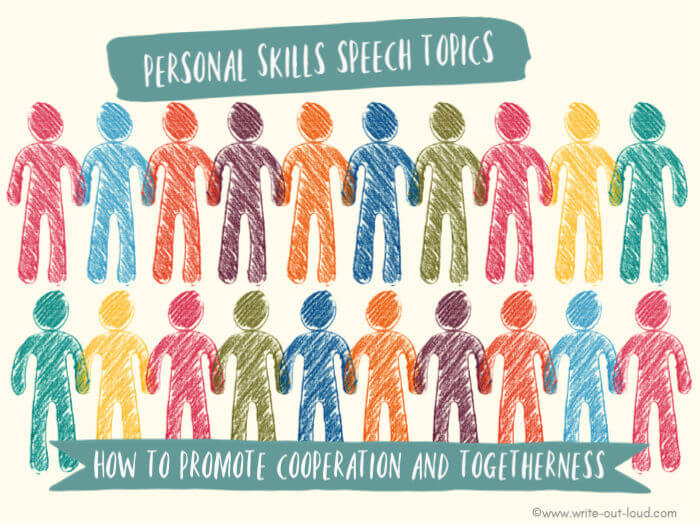 Image: drawing of 2 rows of multi-colored stylized people. Text: Personal skills speech topics - How to promote cooperation and togetherness.