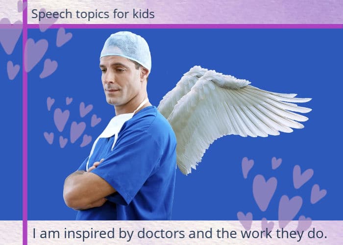 Image: young male doctor in scrubs with angel wings.Text: I am inspired by doctors and the work they do.