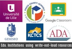 6 logos of educational institutions that link to write-out-loud.com