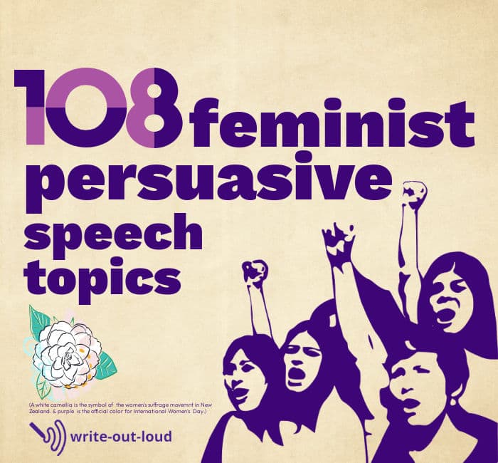 A group of women with raised fists. Text: 108 feminist persuasive speech topics
