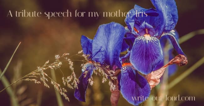 Image: purple flag irises. Text: a tribute speech for my mother Iris.