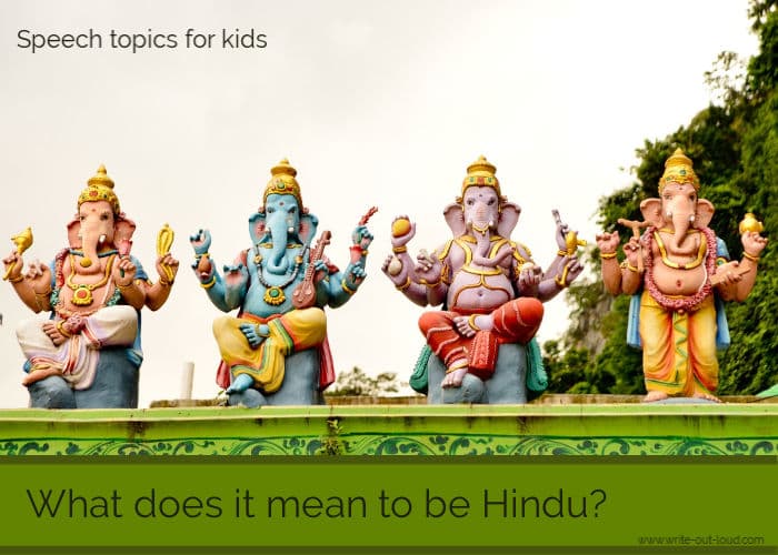 Image: 4 Hindu elephant sculptures in a line. Text: What does it mean to be Hindu?