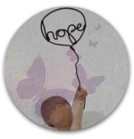 Round image - drawing of a child holding a balloon with the word hope inside it.