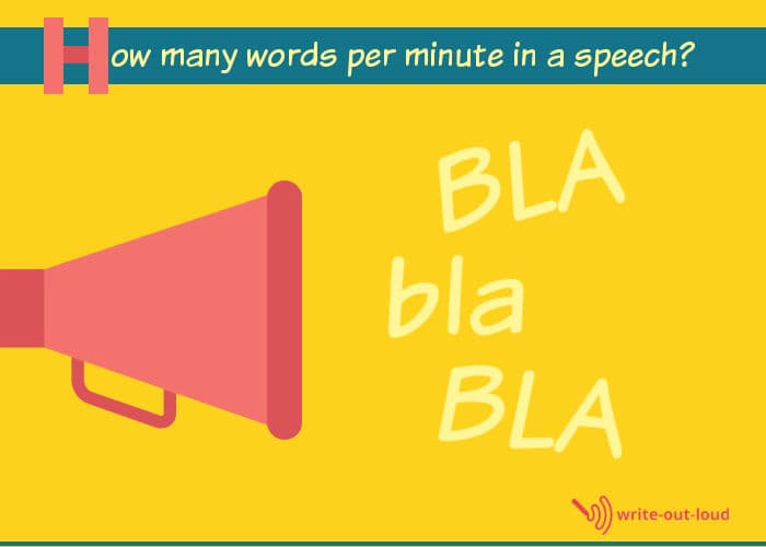 Speaking trumpet on a yellow background. Text: Bla, bla, bla. How many words per minute in a speech?