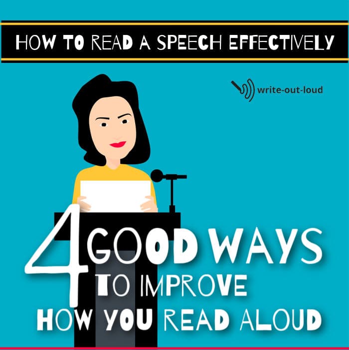 Image: woman at lectern delivering presentation. Text: How to read a speech effectively - 4 good ways to improve how you read aloud.