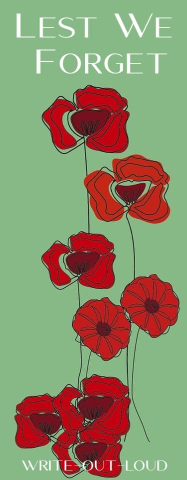 Image: red field poppies. Text: Lest we forget.