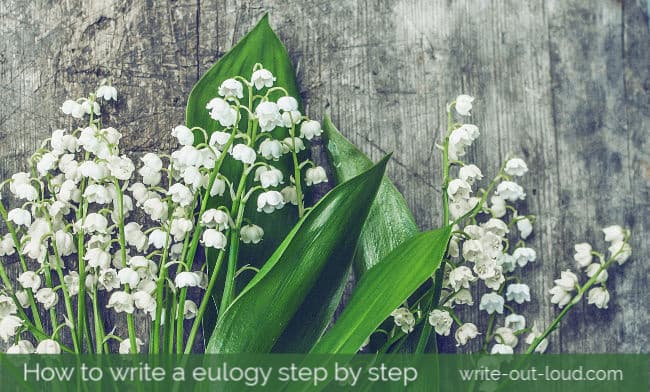 Image: Lily of the valley flowers Text: How to write a eulogy step by step