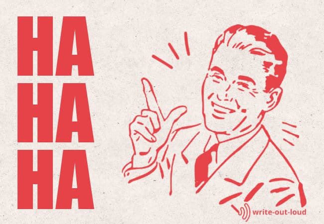 Image: retro illustration of a man laughing and pointing. Text: ha, ha, ha