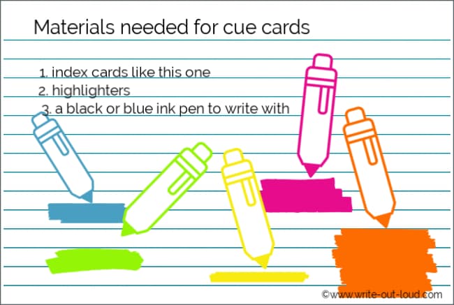 Image - materials needed for cue cards: index card, colored highlighters, and pen