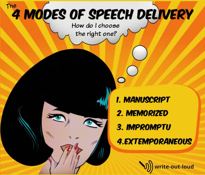 Image: 1950s retro woman with speech bubble. Text: Headline - The four modes of speech delivery: manuscript, memorized, impromptu, extemporaneous. How do I choose the right one?