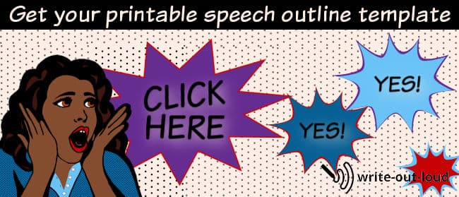 Image: Excited girl exclaiming: Click here to get a printable speech outline template! Yes, yes, yes.