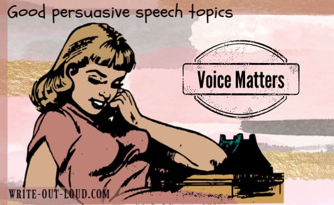 Image: retro drawing - young girl on phone. Text: "Voice Matters".