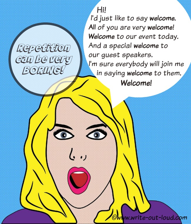 Image: retro woman giving a welcome speech,and repeating the word 