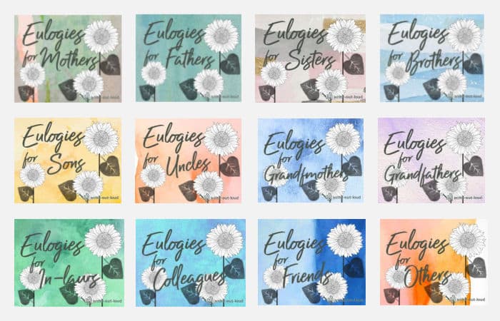 Collage of 12 labels for eulogy examples: eulogies for mother, eulogies for fathers, eulogies for brothers, etc