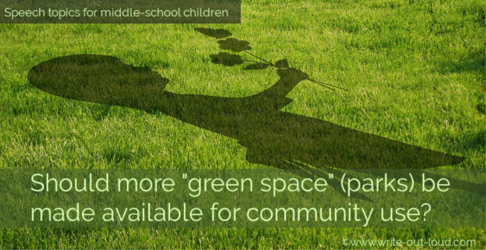 Image - shadow of a girl holding a flower on green grass. Text: Speech topics for middle school children. Should more 'green' space (parks) be set aside for community use?