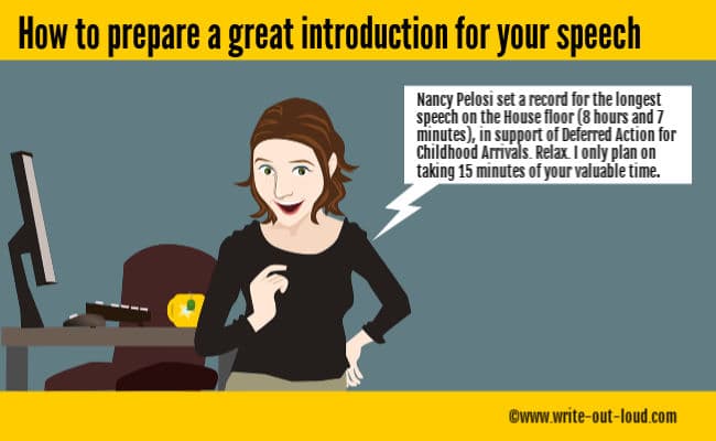 Image: smiling woman with a speech balloon.Text:How to prepare a great introduction for your speech.