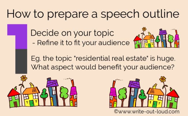 Image - rows of colorful 'cartoon' houses. Text: How to prepare a speech outline. Step 1 decide your topic & refine it to fit your audience.