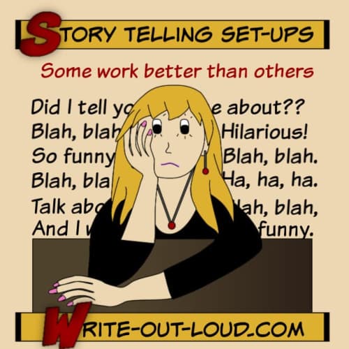 Image: cartoon of bored girl. Text: Story telling set ups. Some work better than others.