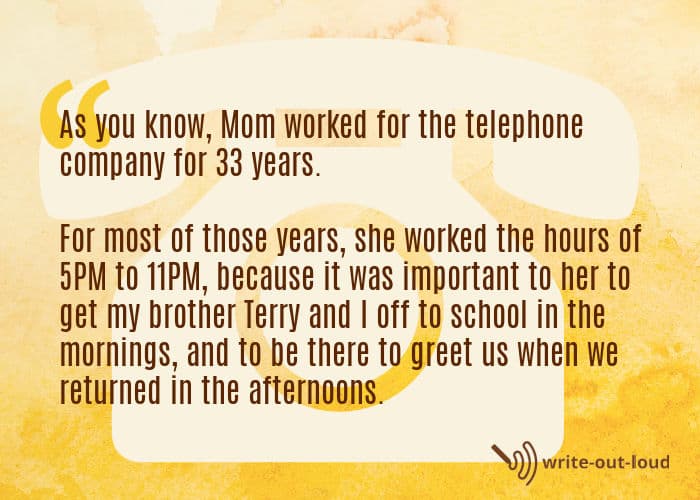 Quote from eulogy for my mother about working at the telephone company