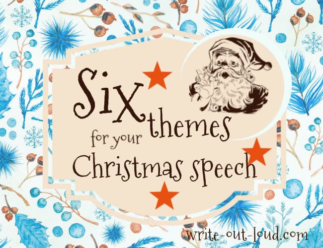 Image: blue winter background, label with retro santa claus saying 6 themes for your Christmas speech.