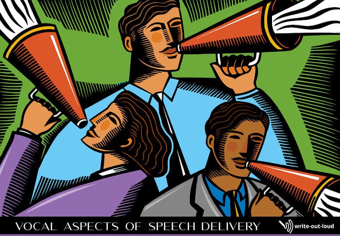 Image: 1950s style drawing of 3 people with megaphones. Text: Vocal aspects of speech delivery